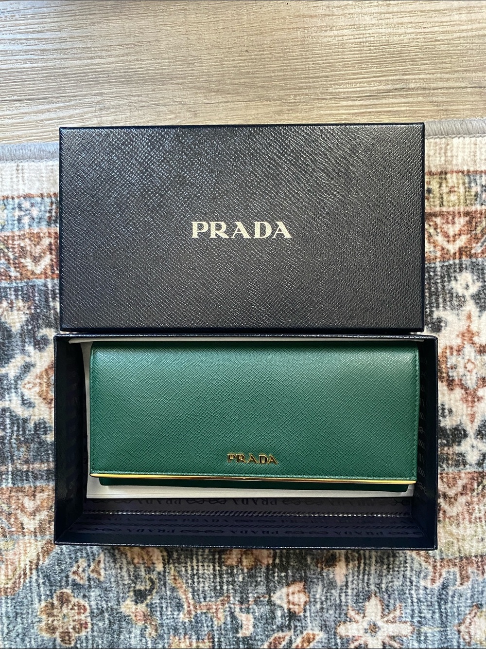 Prada Green Saffiano Long Wallet with Gold Trim